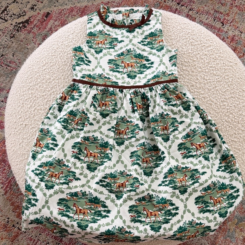 Janie and Jack Green and Brown Toile Horse Print Party Dress